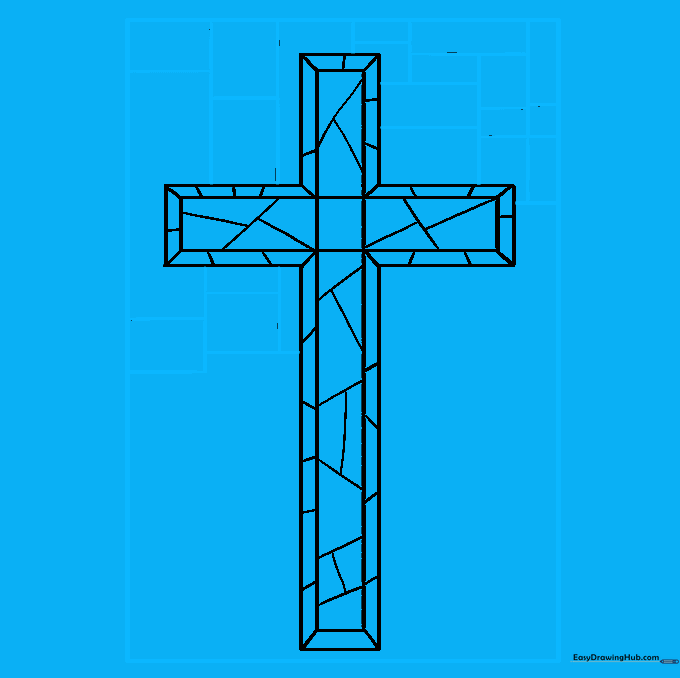 A large outer rectangle frame added around the cross with geometric shapes filling the background.
