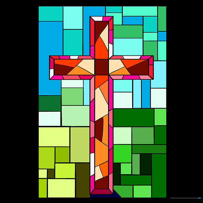 The finished cross drawing colored with vibrant, multi-colored stained glass patterns.