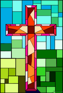 A vibrant, finished stained glass cross drawing, perfect for art inspiration.