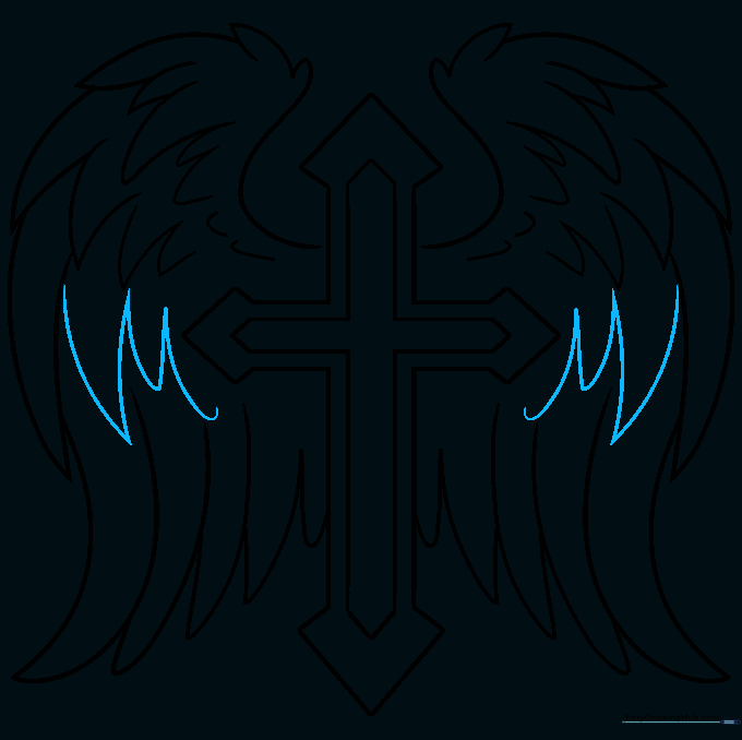 Finalizing the wing feathers to complete the outline of the drawing.