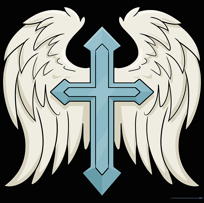The completed cross with wings drawing, fully colored and shaded.