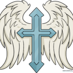 A beautifully colored, finished drawing of a cross with detailed angel wings.