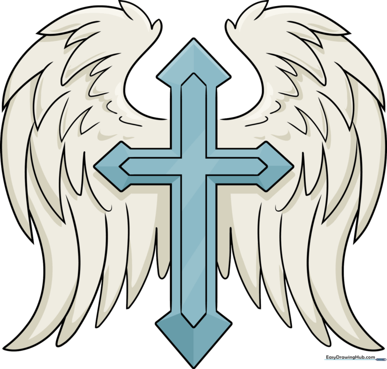 A beautifully colored, finished drawing of a cross with detailed angel wings.