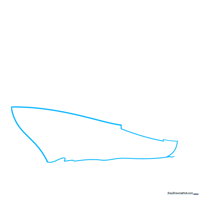 Pencil sketch of a cruise ship hull showing a curved base and a small rectangular notch at the top.