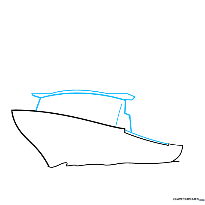 Drawing the upper levels of the cruise ship with a Z-shaped line to create tiered decks.