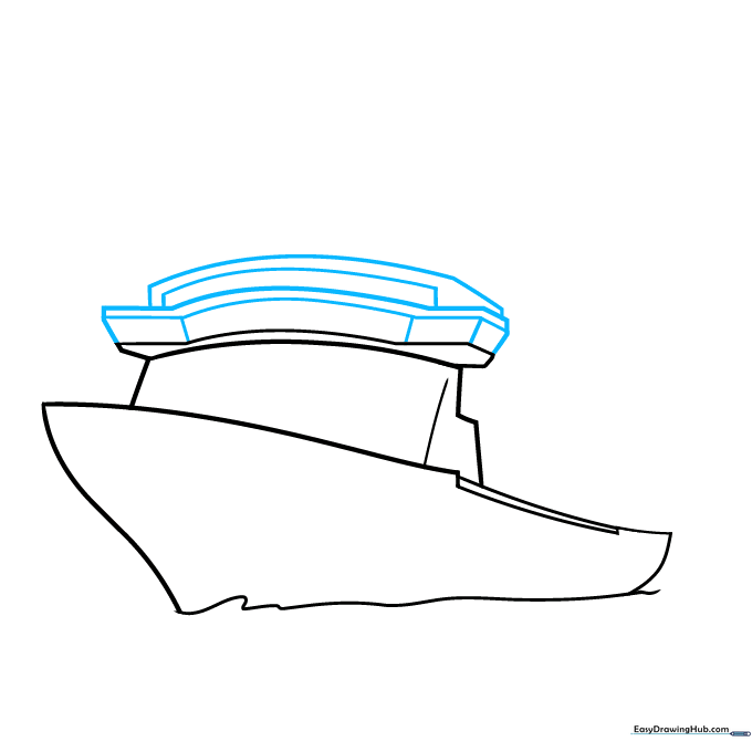 Detailing the bridge of the cruise ship with parallel lines and a rounded rectangle on top.