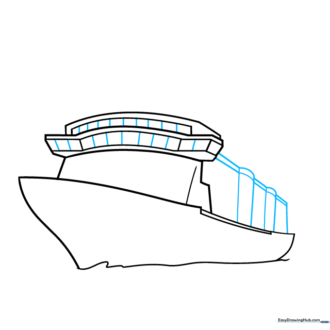 Adding vertical window panes to the bridge and rectangular cabin windows along the ship's side.