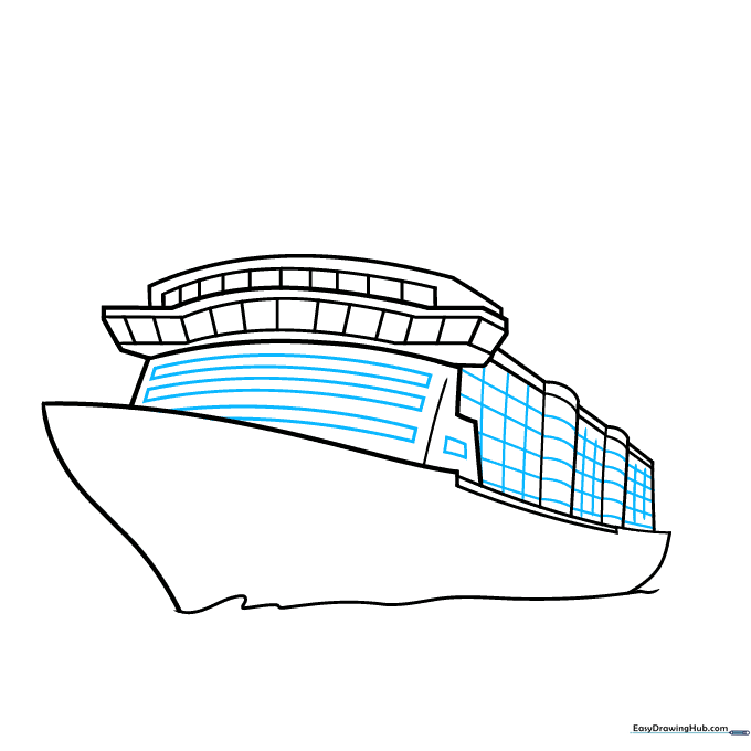 Adding horizontal lines to define the various levels and deck structures of the cruise ship.