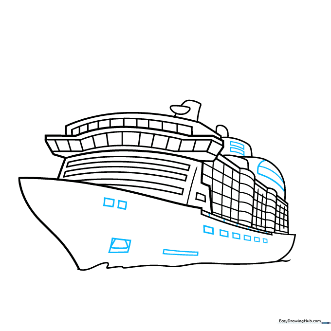 Adding rectangular details along the hull and decks to simulate railings and windows.