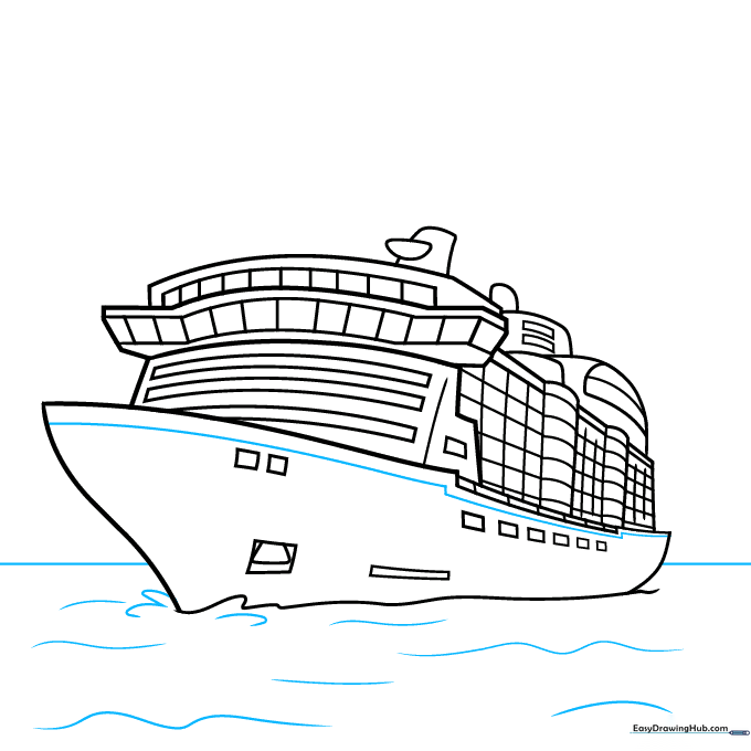 Adding a horizon line and wavy water lines to place the ship in a sea setting.