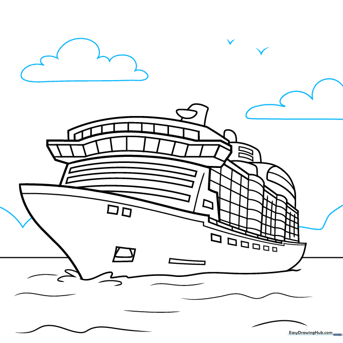 Adding background details like islands, clouds, and birds to complete the scene.
