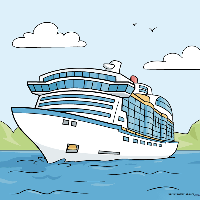 A fully colored cartoon cruise ship sailing on the ocean with a blue sky and clouds.