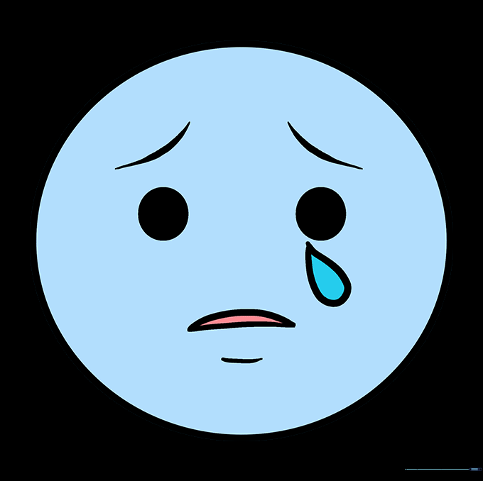 The finished crying emoji drawing, fully colored in blue with a darker outline.