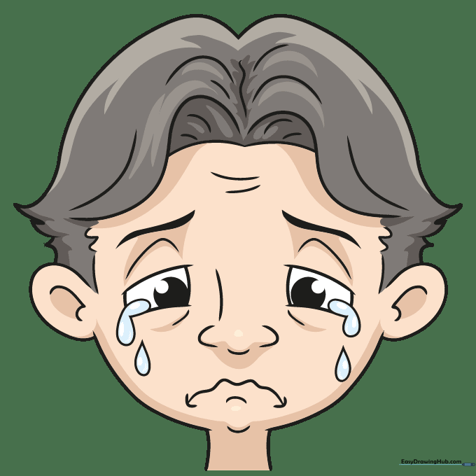 The final colored drawing of a crying face with blue tears.