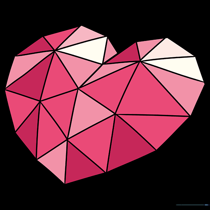 A fully colored, faceted crystal heart with light and dark shading to show depth.