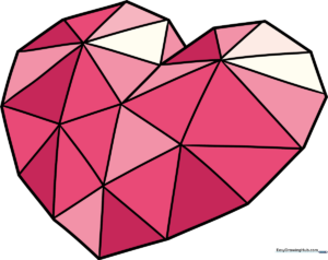 A vibrant, faceted crystal heart drawing, showcasing professional shading and geometric precision.