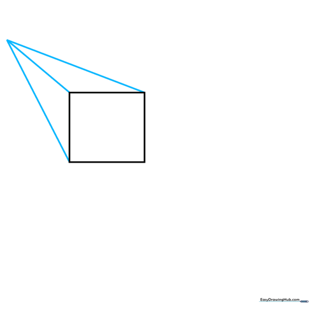 A square with diagonal lines connecting three corners to a single vanishing point above the shape.