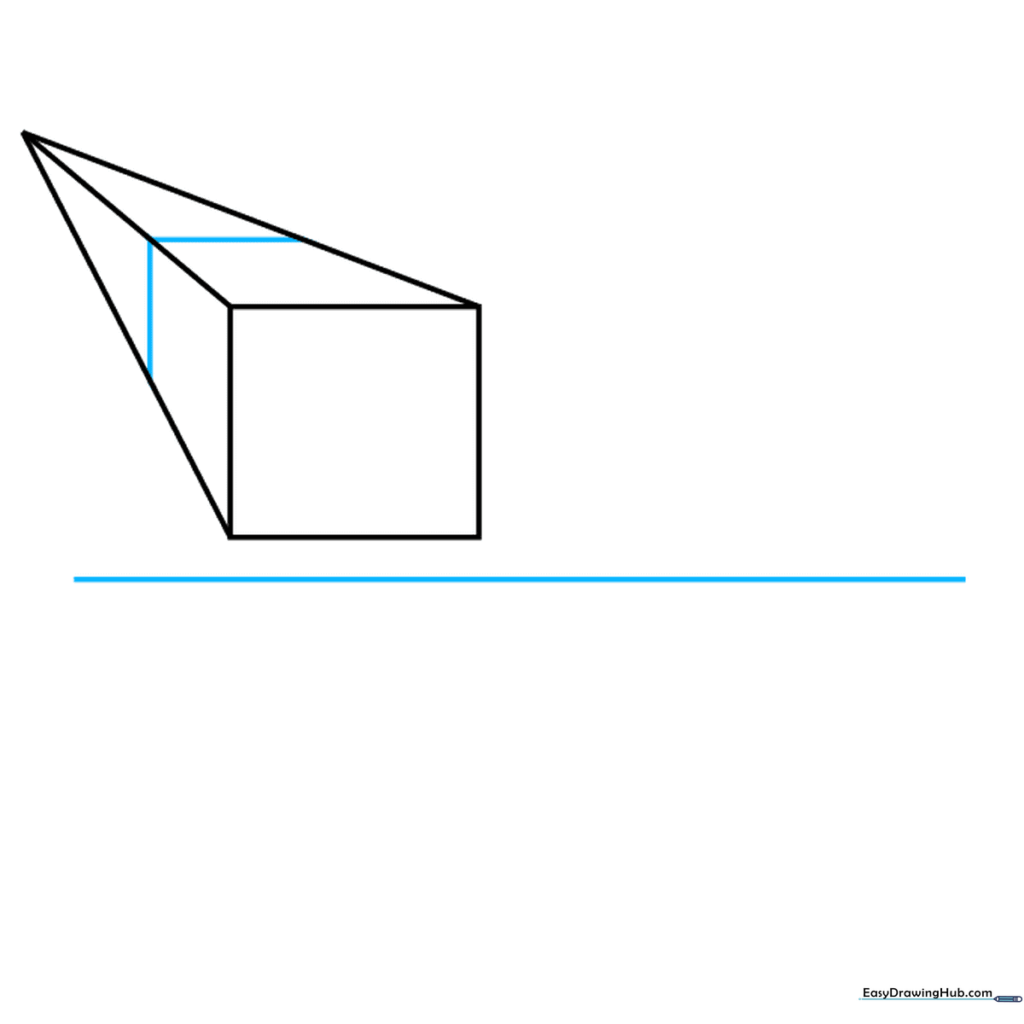 A completed 3D cube in one-point perspective with a horizon line drawn across the page.