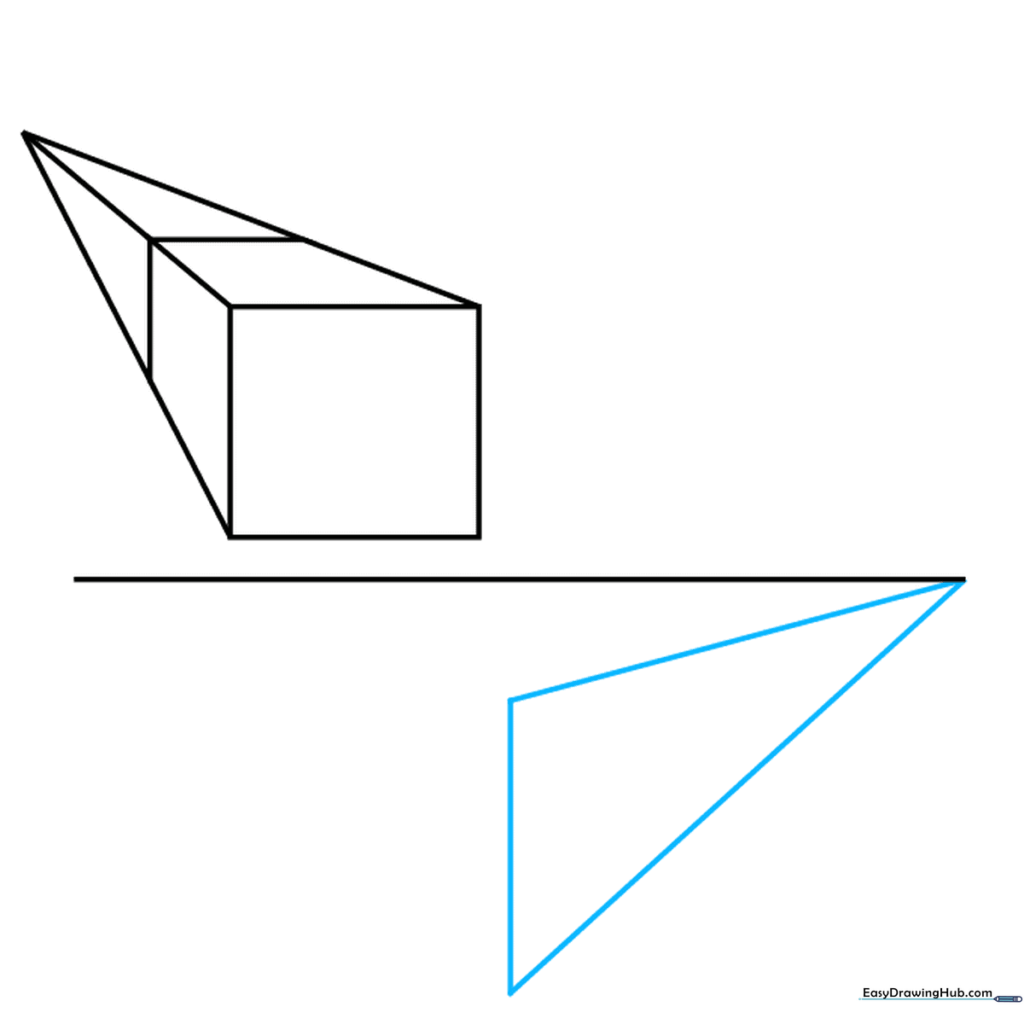 An obtuse triangle shape drawn below the horizon line, serving as the base for a two-point perspective cube.