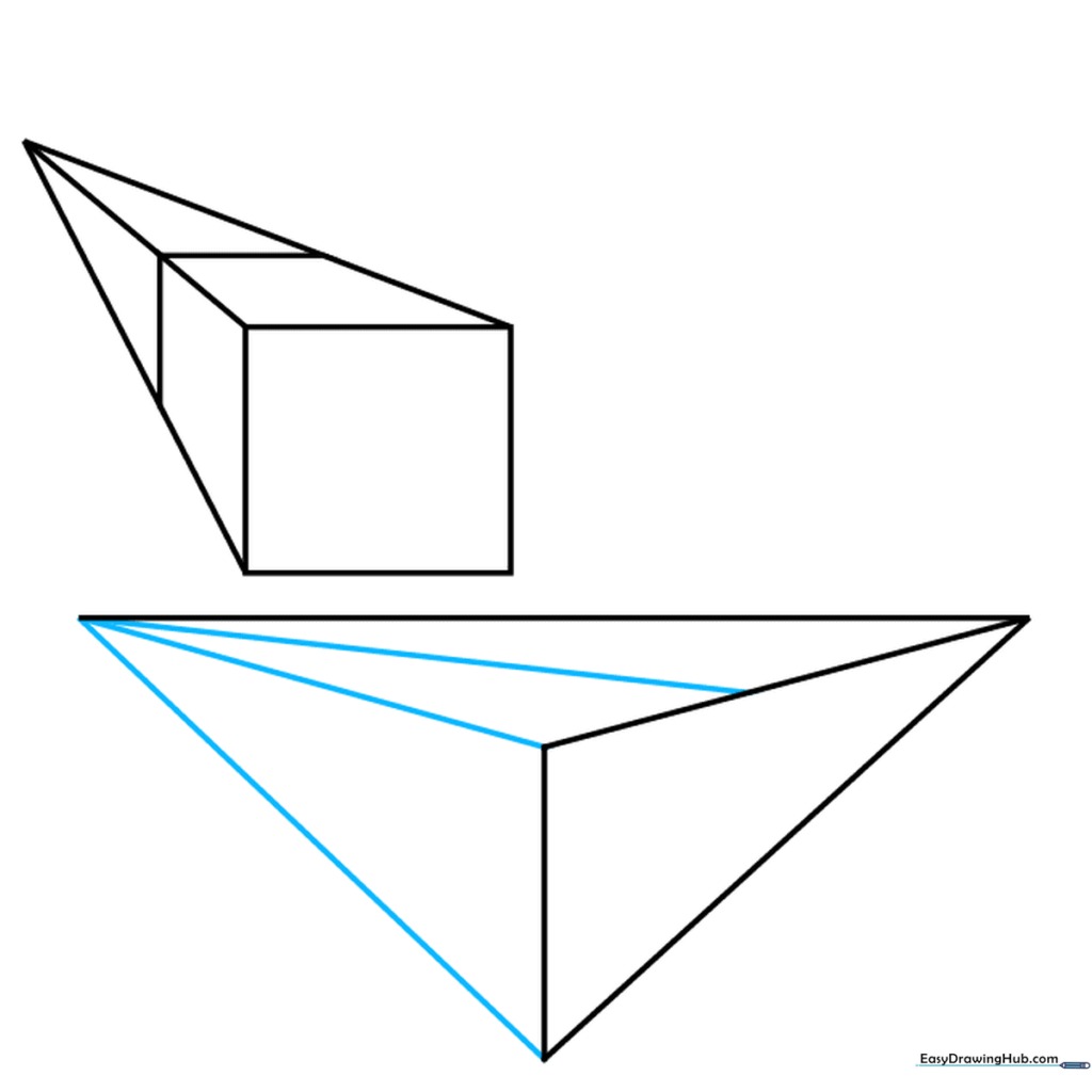 Two mirrored triangular shapes forming the foundation of a cube in two-point perspective.