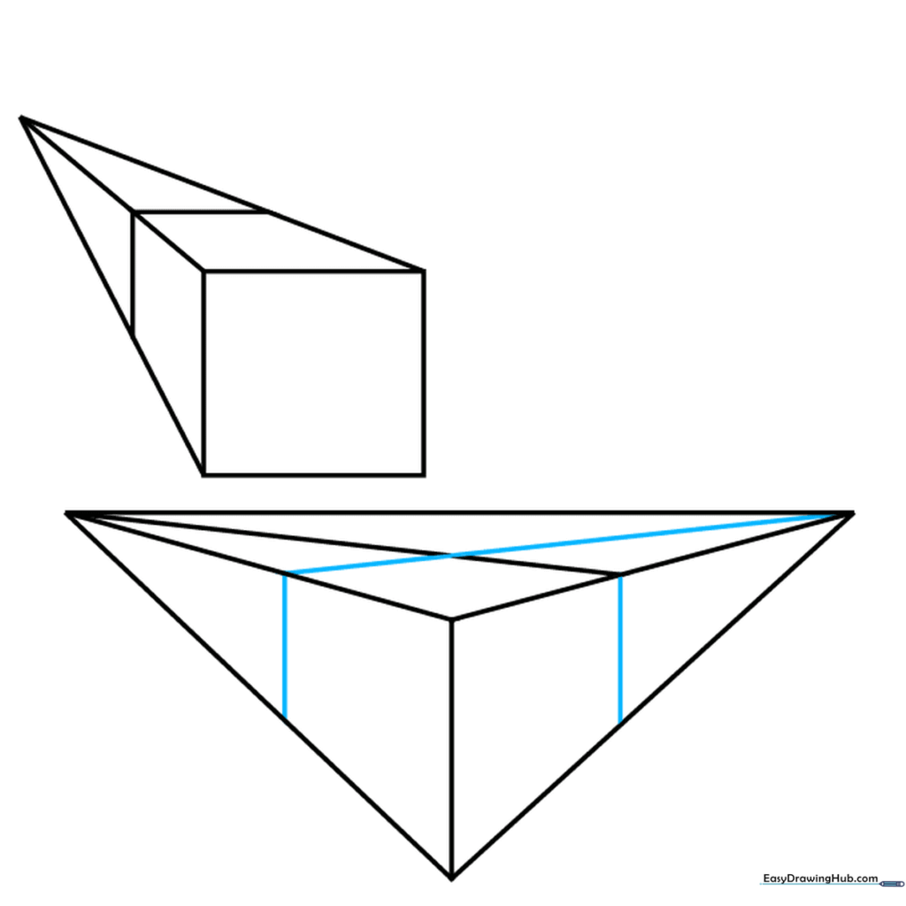 A completed two-point perspective cube showing two visible sides.