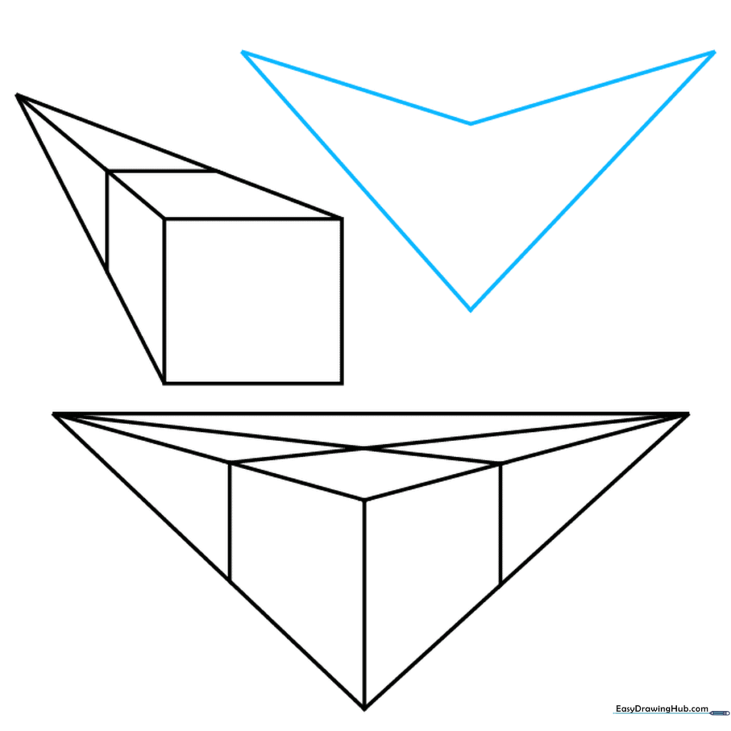 A boomerang-shaped outline used to start a three-point perspective cube.