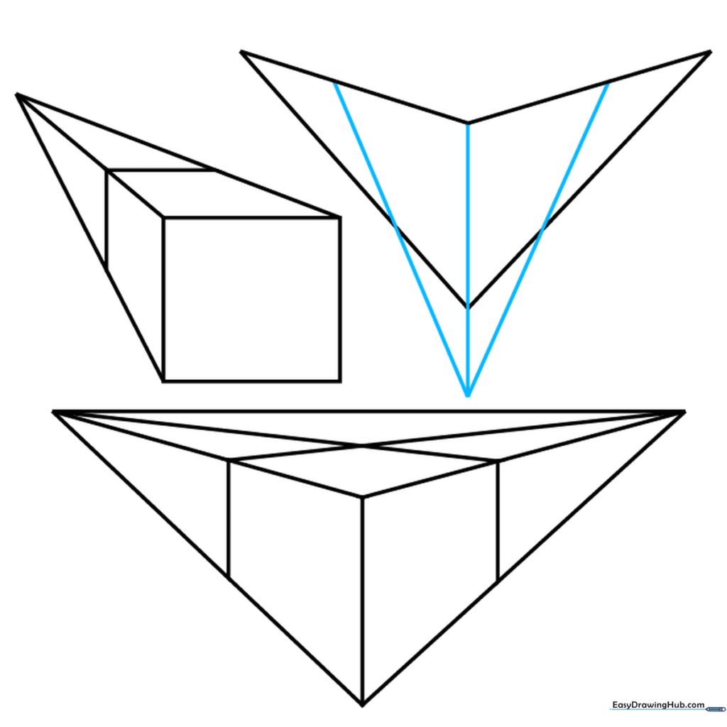 The three-point perspective cube with vertical lines connecting to a bottom vanishing point.
