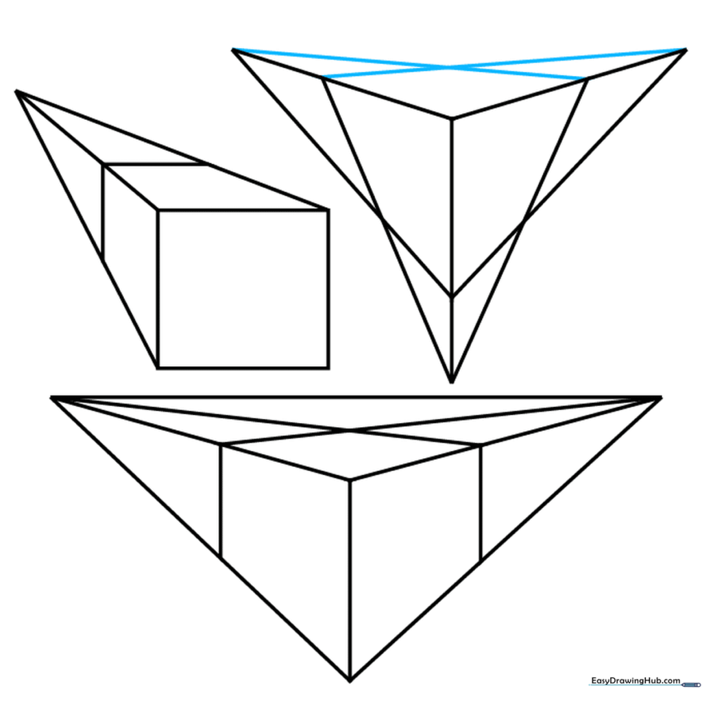 The completed three-point perspective cube with all edges defined.