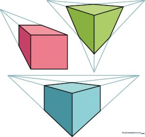 A collection of cubes drawn in one, two, and three-point perspective, showcasing different angles.
