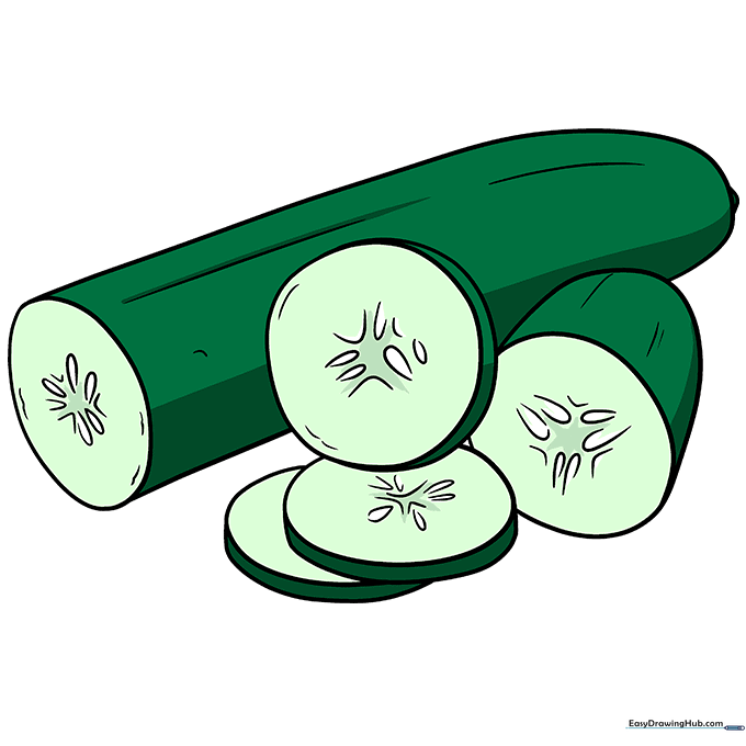 Finished, colored cartoon cucumber with dark green skin and light green flesh.