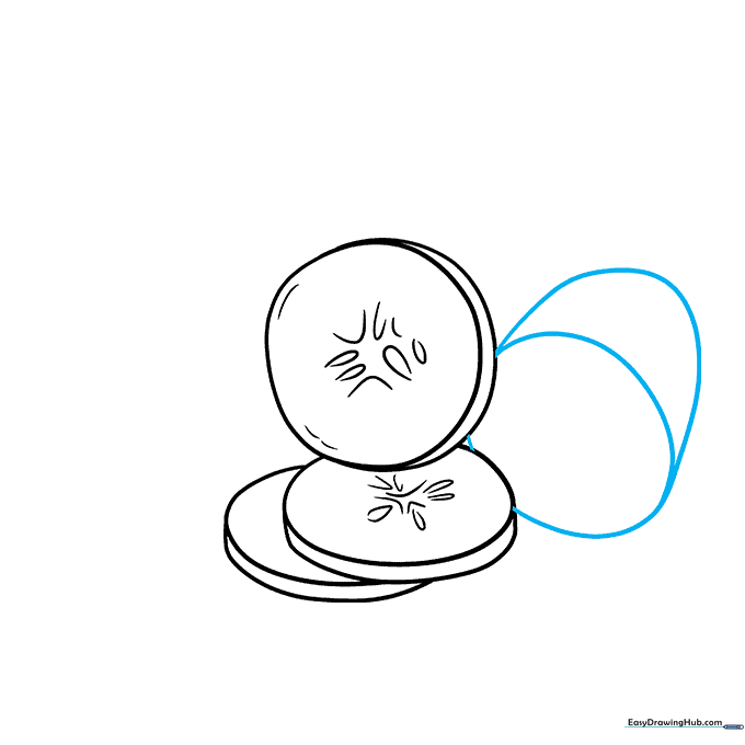 Drawing a fourth, partially visible cucumber slice in the background.