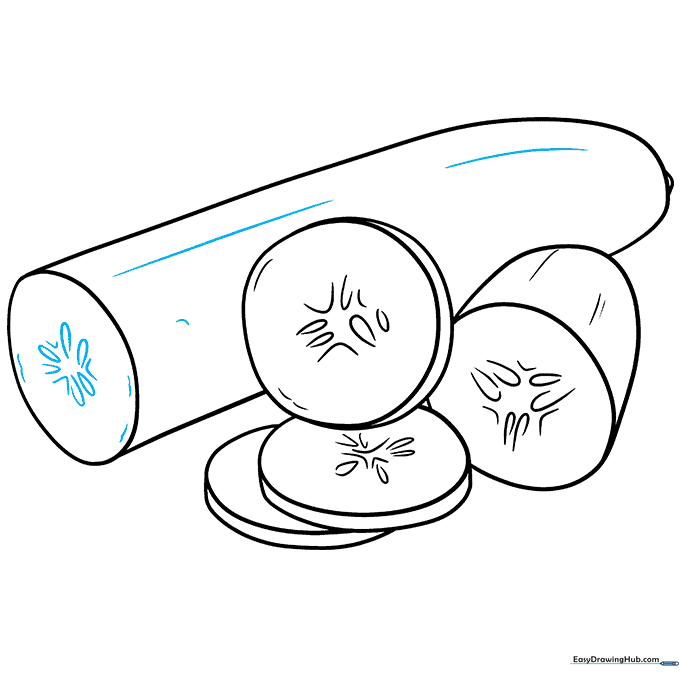 Final line art of the cucumber with all texture and seed details complete.