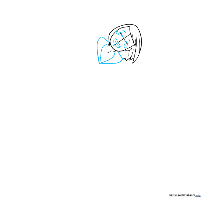 Drawing of an anime girl's face with closed eyes, blushing cheeks, and a school uniform collar.