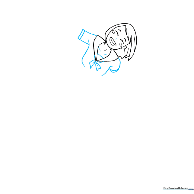 The anime girl's torso and uniform details are drawn after erasing the facial construction lines.