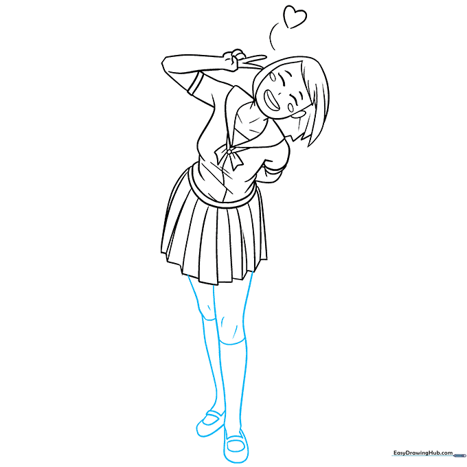 Full body sketch of the anime girl including legs, socks, and shoes.