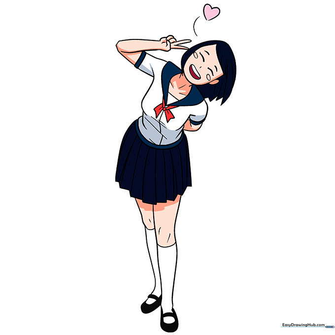 Finished, fully colored drawing of a cute anime girl in a school uniform.