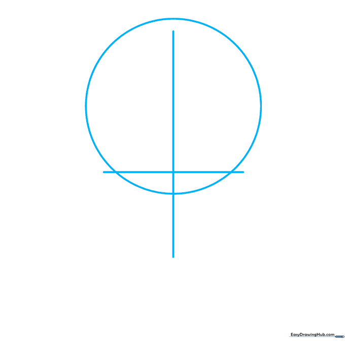 Pencil sketch showing a circle with crosshair guidelines for an anime head structure.