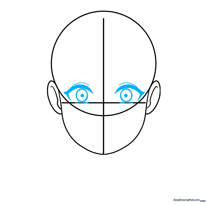 Detailed sketch of large, expressive anime eyes with pupils and eyelashes.