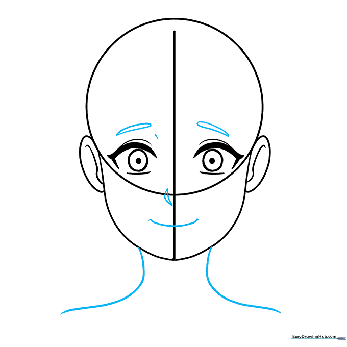 Adding eyebrows, nose, mouth, and neck to the anime face structure.