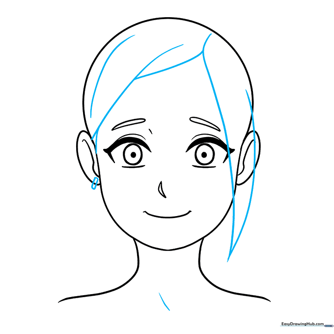 Adding hair bangs and an earring to the character design.