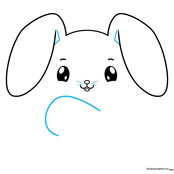 Bunny head with added whiskers and the beginning outline of a carrot shape below the chin.