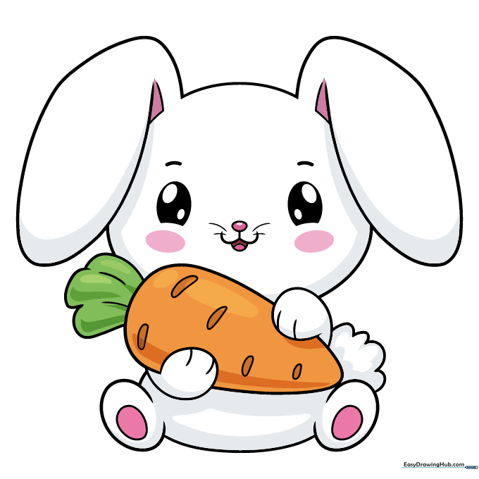 A fully colored, cute cartoon bunny holding a carrot.