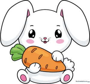 Finished, colorful drawing of a cute bunny holding a carrot, presented as a final project example.