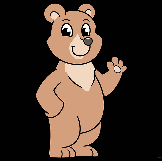 Finished cartoon bear drawing colored in shades of brown.