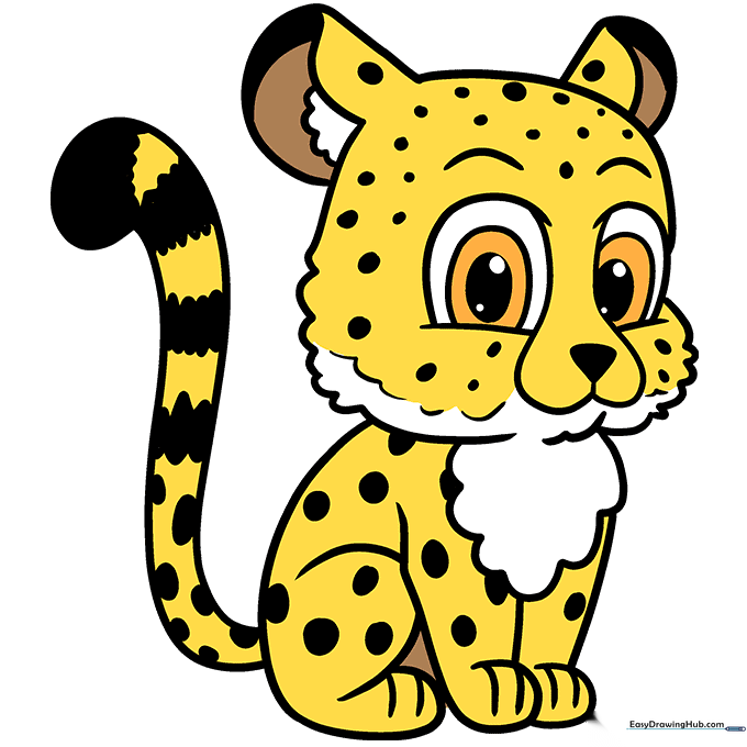 The finished, colored cartoon cheetah drawing with sandy fur and dark spots.