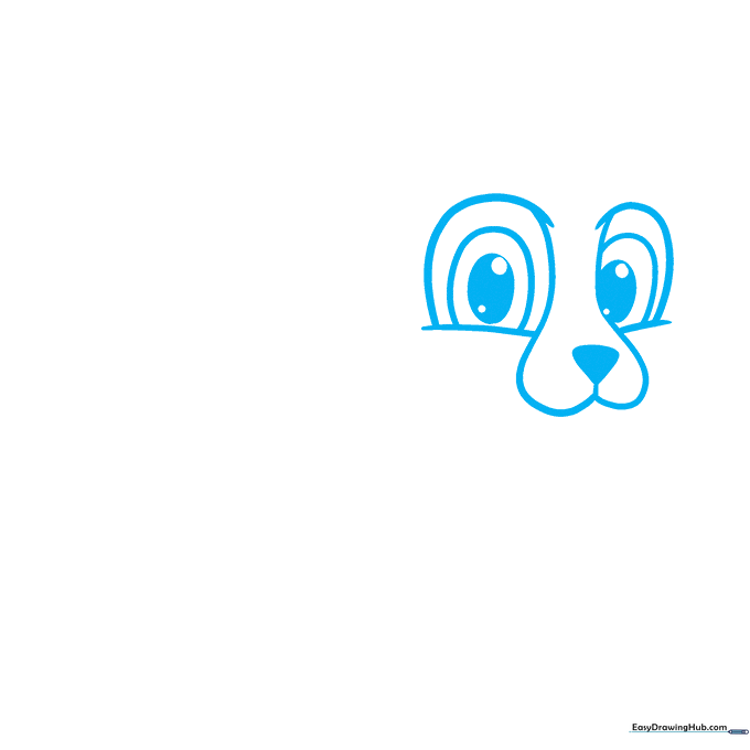 Close-up of a cartoon cheetah's face showing large expressive eyes and a heart-shaped muzzle.