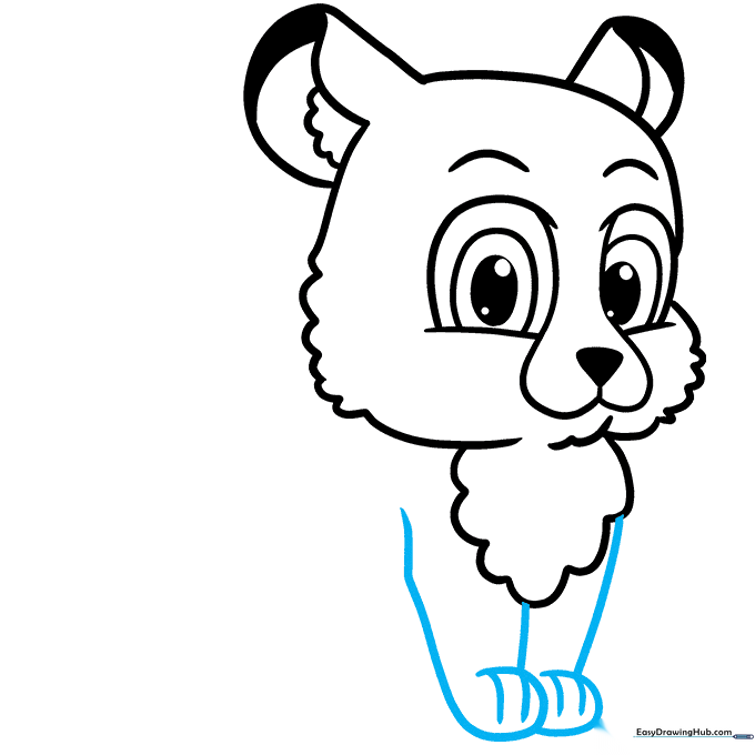 Drawing the front legs and paws with small detail lines for toes.