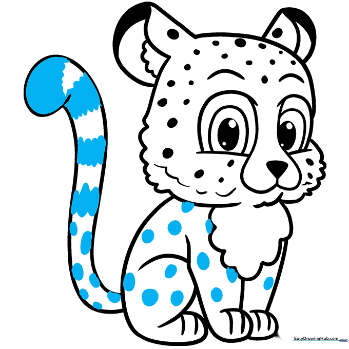 Finalizing the drawing by adding spots across the body and stripes on the tail.