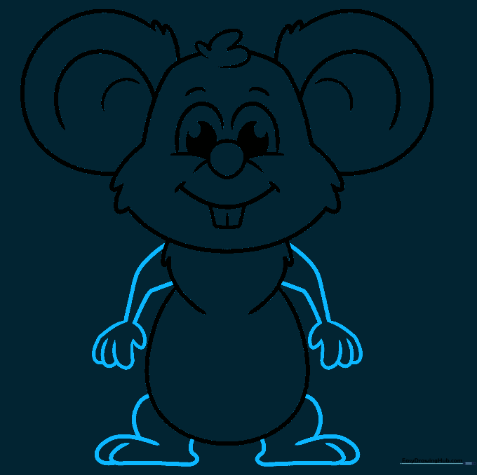 Adding arms with fingers and legs with feet to the cartoon mouse body.