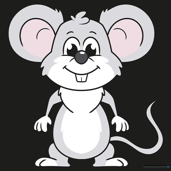 The finished cartoon mouse drawing colored with gray and pink.